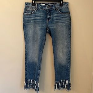 Anthropology Pilcro and the Letterpress Hyphen jeans fringe bottom denim size 28
